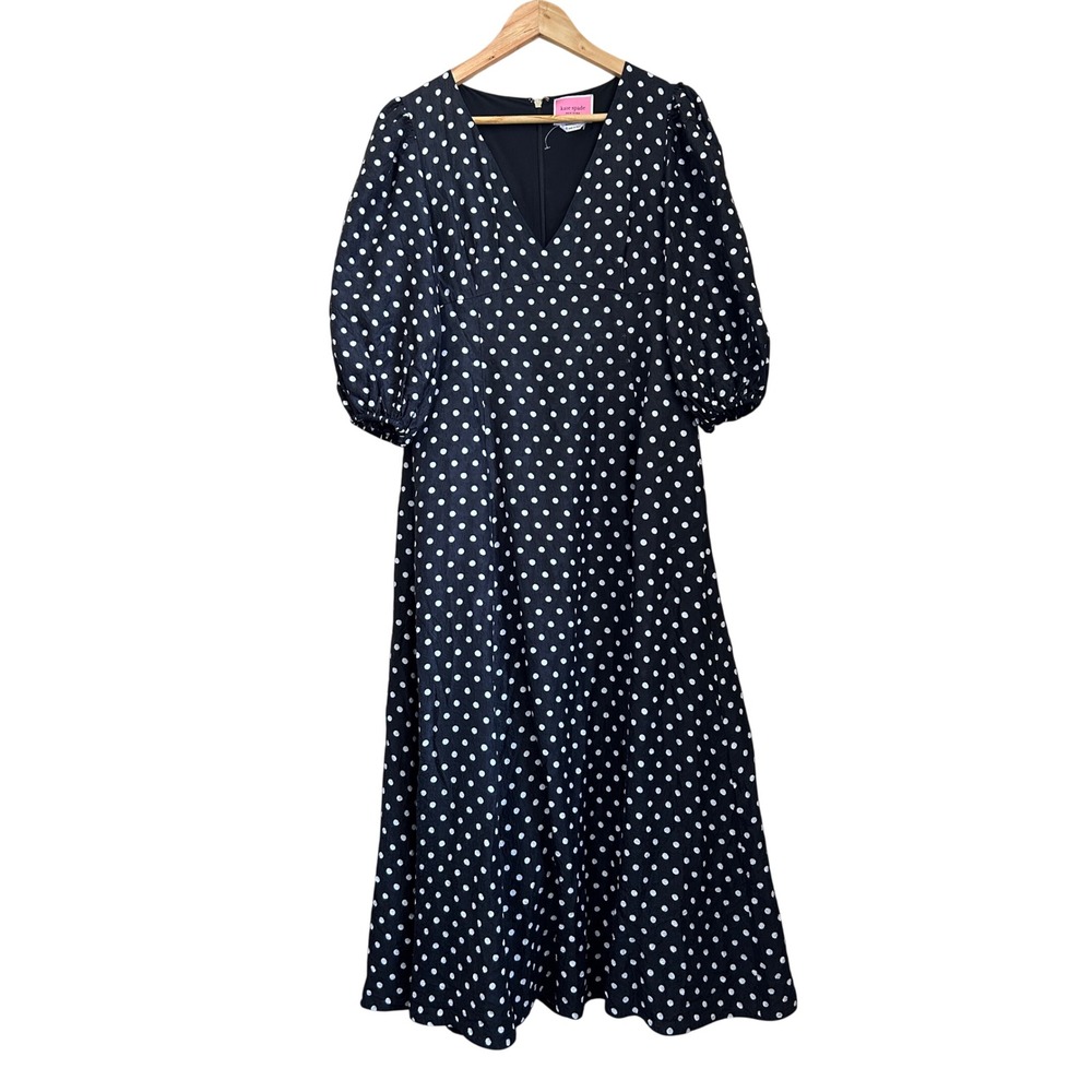 Kate Spade Polka Dot Silk‎ Blend Puff Sleeve Midi Dress Black White Size 8 Twee